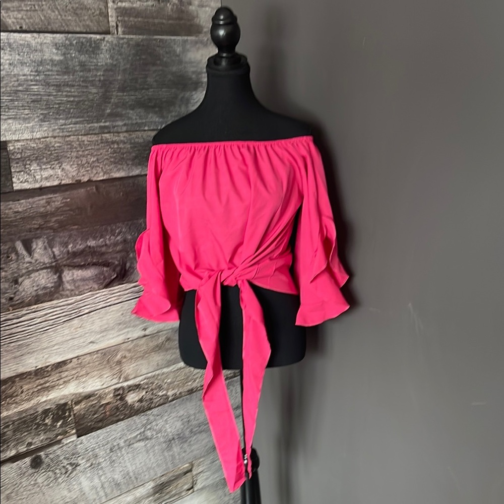 Vibrant Pink Off-Shoulder Blouse with Tie Front